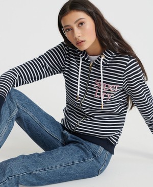 Superdry Embroidered Serif Loopback Cipzár Női Kapucnis Pulóver Sötétkék/Csíkok | QTGZM1764